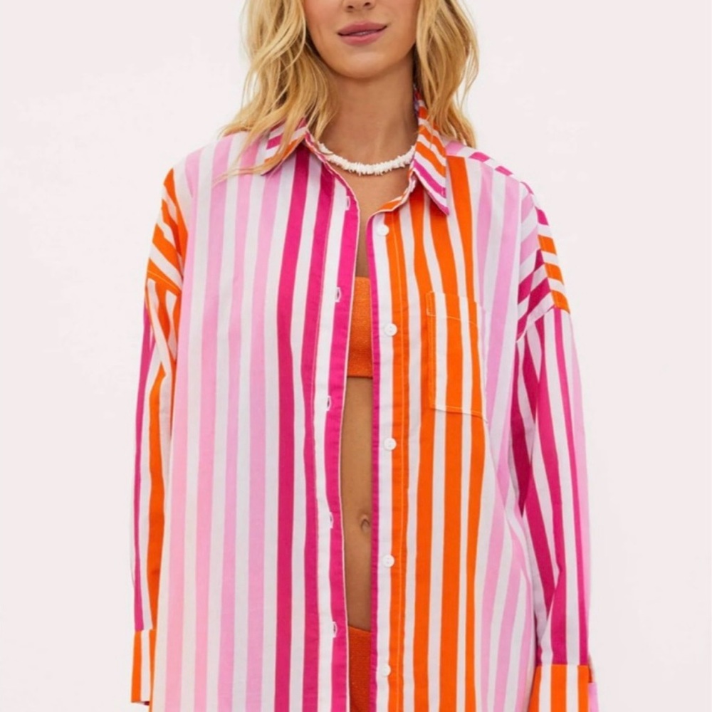 Beach Riot Striped Cotton Button Up Alexa Top Size L/XL Poolside Vacation Travel